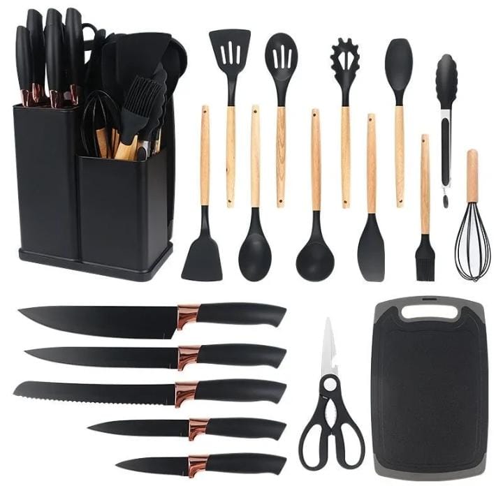 Set de Utensilios para cocina x 19 Piezas de Silicona y madera Premium