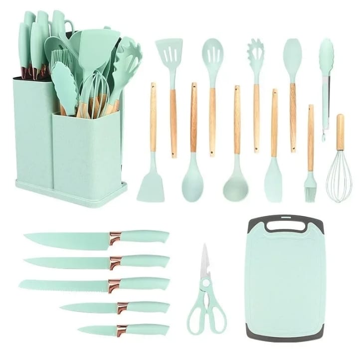 Set de Utensilios para cocina x 19 Piezas de Silicona y madera Premium