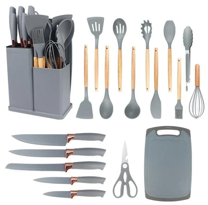 Set de Utensilios para cocina x 19 Piezas de Silicona y madera Premium